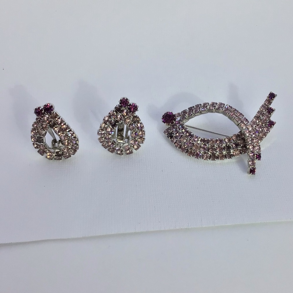 Rhinestone brooch with matching clip on earrings